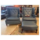 Two Blue Vinyl Wingback Chairs, One With Ottoman