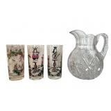 Cut Glass Pitcher and 3 Georges Briard Glasses