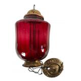 Red Glass Hanging Lantern with Brass Details
