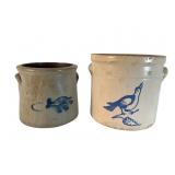 Two Stoneware Crocks with Blue Decor