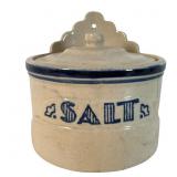 Blue and White Stoneware Salt Crock