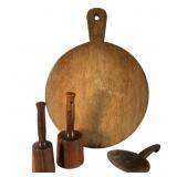 Wooden Cutting Board, Mashers, and Spoon