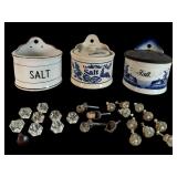 Three Salt Crocks and Glass Drawer Knobs