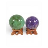 Green Fluorite and Charoite Spheres on Stands