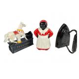 Two Cast Iron Bank and Painted Sad Iron