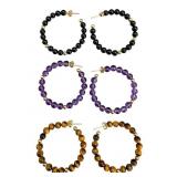 Three Pair 14K Gemstone Hoop Earrings