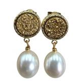 14K Gold Druzy and Pearl Earrings