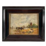 Oil on Board After Dutch Windmill with Cows'