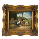 Barnyard Scene Oil on Board in Frame