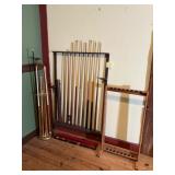 15 Billiard Cues with Racks and Bridges