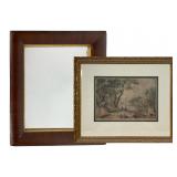 Framed Etching and Wood-Framed Mirror