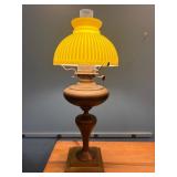 Early Brass Table Lamp with Yellow Glass Shade