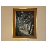 Framed Oil Painting of a Narrow Street Scene