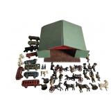 Wooden Cabin With Tin Train Parts and Figures
