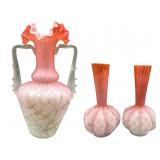 Peach Satin Glass Vase Set with Floral Details