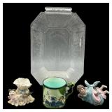 Majolica Mug, Bisque Figurines, and Bread Tray