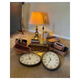 Brass Table Lamp, Basket Set, and Two Clocks