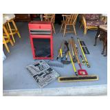 Red Metal Tool Box with Tools and Yard Equipment