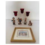 Hummel Figures, Candleholders, and Framed Print