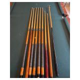 Nine Cue Sticks with Wooden Cue Rack