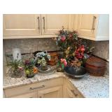 Decorative Items, Wood Baskets, and Metal Pan