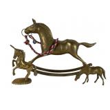 3 Brass Horses and Unicorn Figures