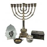 Menorah, Pewter Box, Glass, and Metal Items