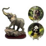 Resin Elephant Figure and 2 Wildlife Plates