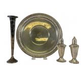 Sterling Silver Plate, Vase, and Shakers