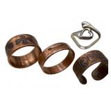 3 Copper Rings & 1 Silver Heart Ring