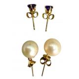 2 Pair 14K Gold Pearl and Amethyst Earrings