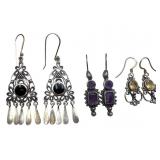 3 Pair Sterling Earrings w/Gemstones