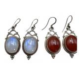 2 Pair Sterling Carnelian and Moonstone Earrings