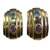 14k Gold Earrings, Aquamarine and Amethyst