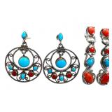 2 Pair Sterling Turquoise and Coral Earrings