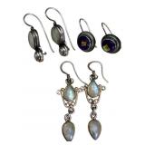 3 Pair Sterling Silver Gemstone Earrings Set