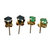 2 Pair 10k Sapphire and Emerald Stud Earrings