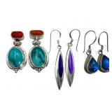 Sterling Earrings, Coral, Turquoise, Gemstones
