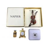 Napier, Miniature Clock, Bottle w/ Gold Flakes, Pl