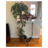 Artificial Tree and Metal Cat Sculpture