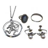 Sterling Jewelry Set: Rings, Pendant & Earrings