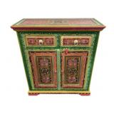 Paint decorated cabinet, has two drawers and a