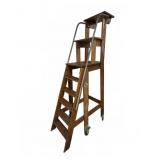 Antique Oak Library Ladder on Casters