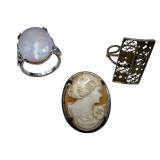 Sterling Rings And Cameo Brooch