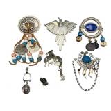 Southwestern-Style Silver Brooches, Various