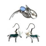 14k GF Brooch & 950 Silver Earrings Set