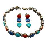 Sterling 925 Turquoise, Lapis, Coral Set