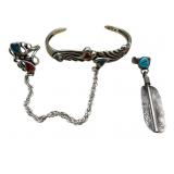 Sterling Cuff With Attached Ring and Feather Ring