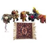Six Fabric Animals and Miniature Rug