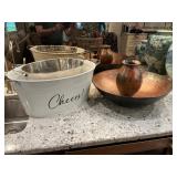 Wine Buckets, Copper Bowl, and Pottery Vase